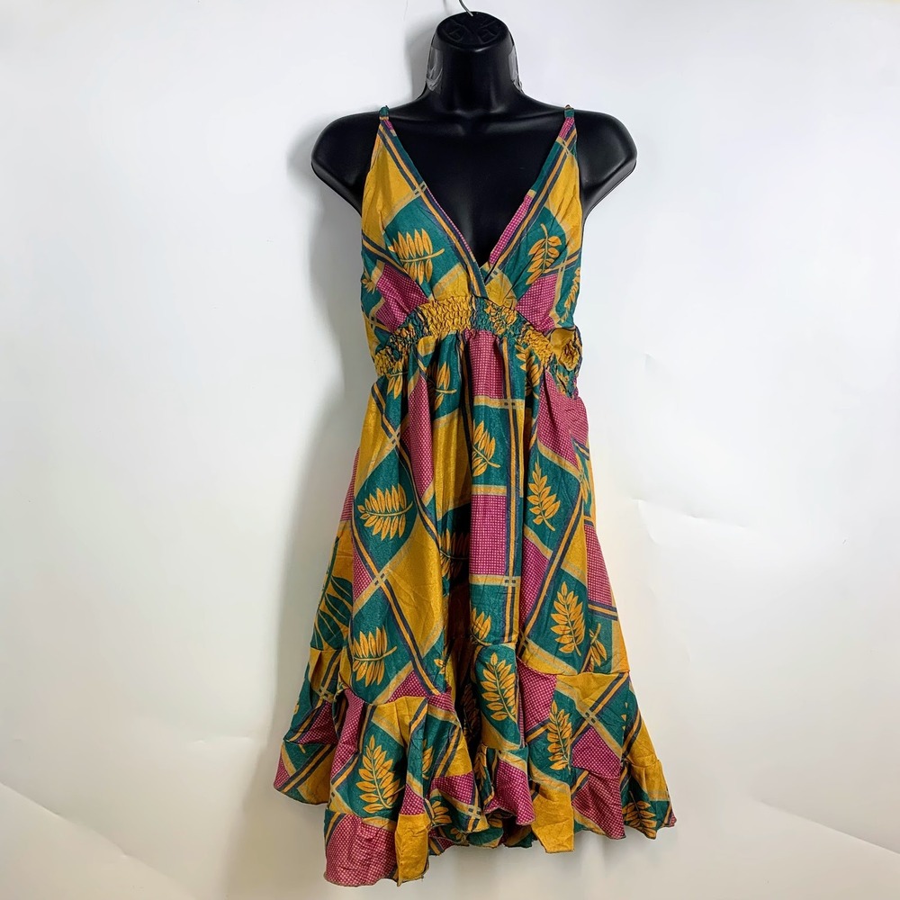 Lenozella Bohemian Patchwork Boho Dress Leaf Print Spaghetti Strap One Size NWT